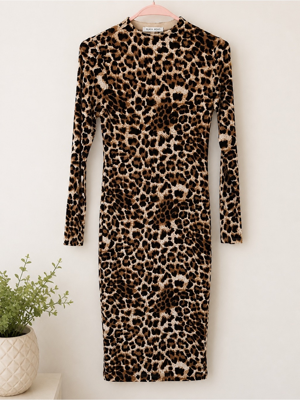 Black Bead Leopard Print Long Sleeve Bodycon Midi Dress - size Large